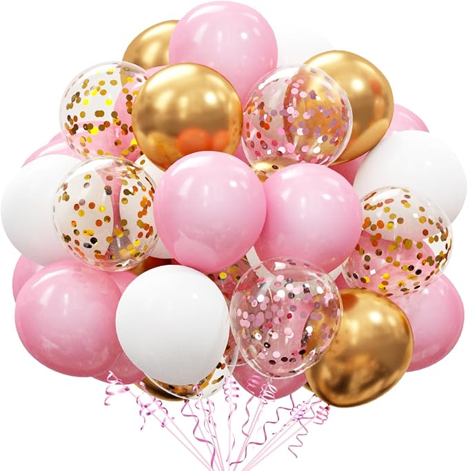 62Pcs Pink White Gold Confetti Balloons Kit